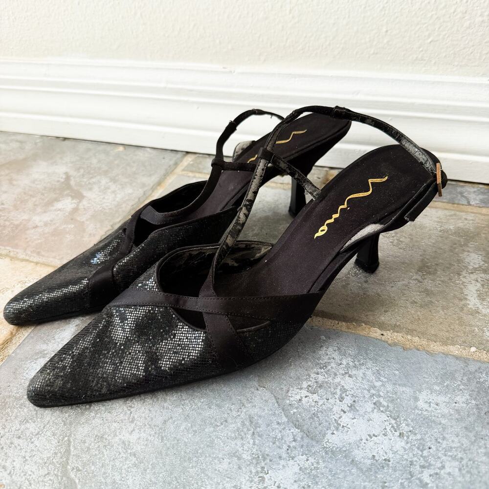 Nina Black Strappy Slingback Heels Pointed Toe Kitten Heel Women 8.5